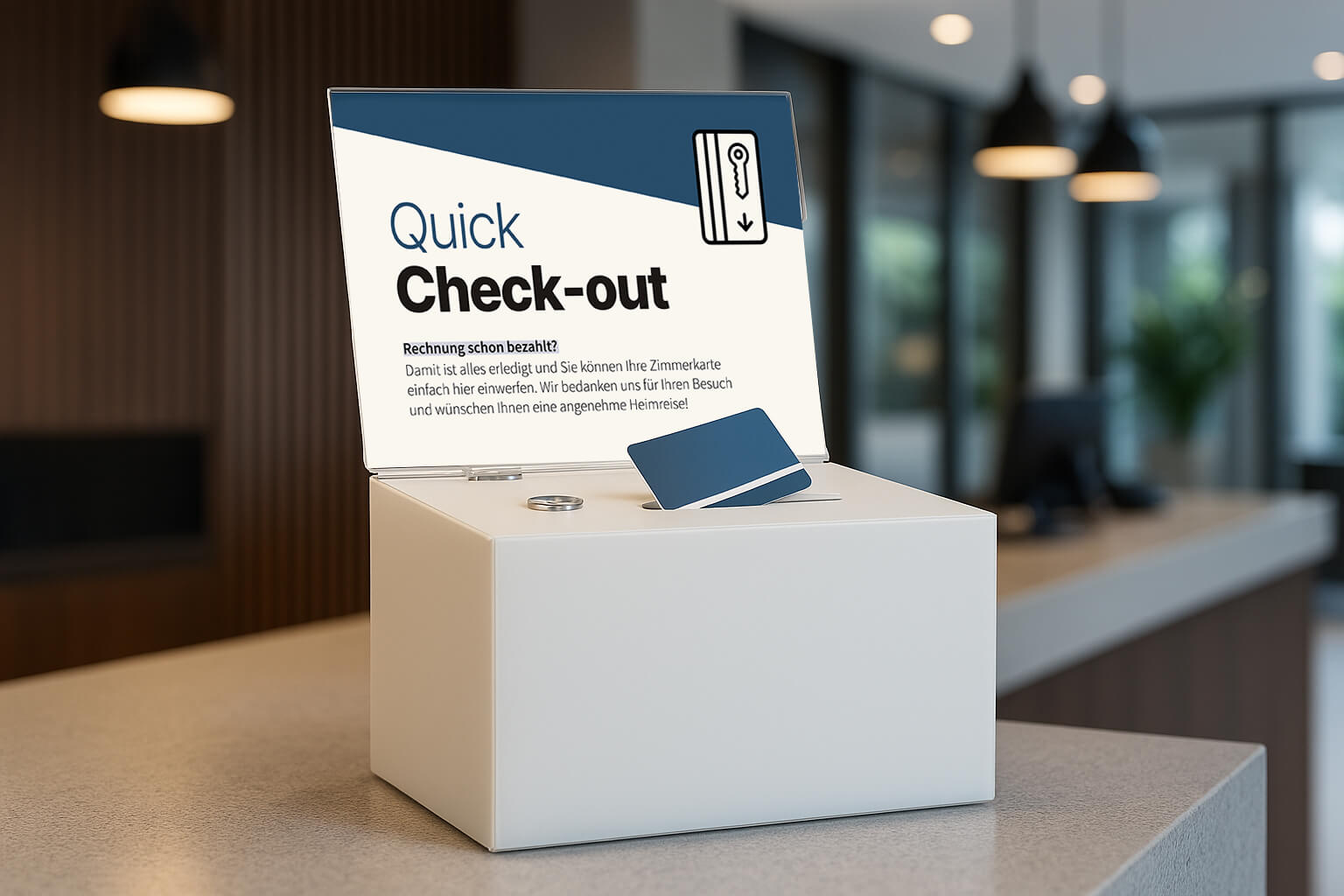 Check-out-Box im Farbton Blaubeere Hotel an moderner Rezeption