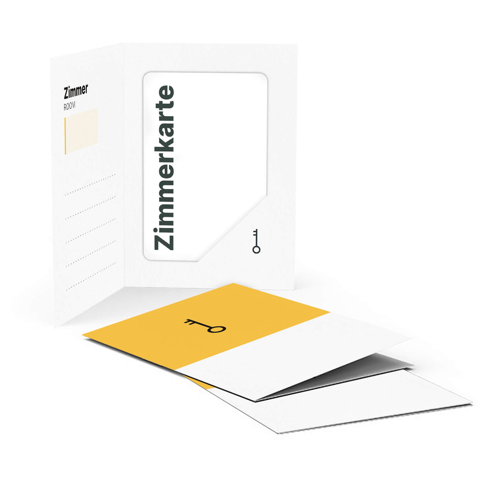 Hotel-Zimmerkarte in weiß-kurkuma Design, teils in Hülle mit Aufschrift ‚Zimmerkarte‘ und kleinem Schlüsselsymbol.