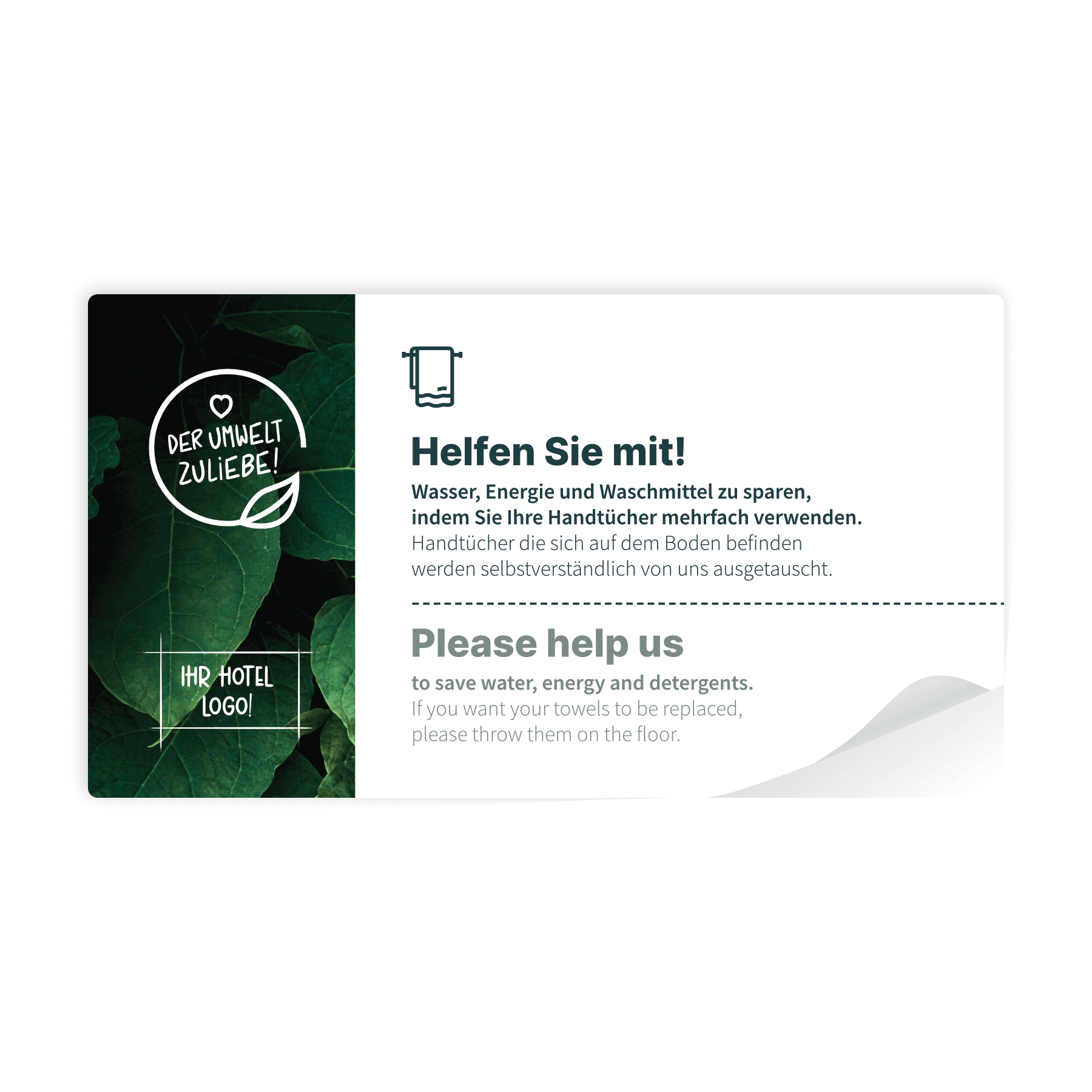 Umweltschutz-Hinweiskarte für Hotels – Bitte Handtücher mehrfach verwenden, um Wasser und Energie zu sparen. Mit individuellem Hotellogo personalisierbar. Nachhaltige Gästeinformation, deutsch und englisch