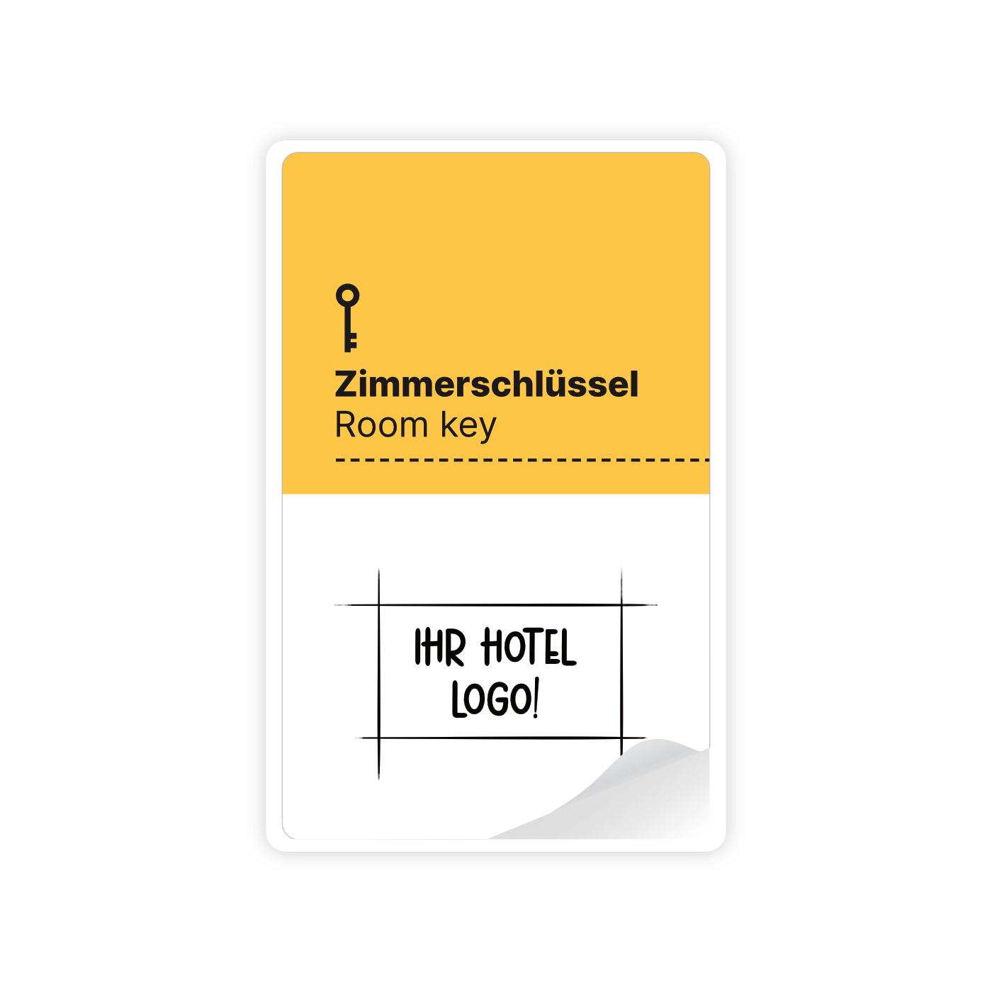 Zimmerschlüssel-Karte mit Bereich in Kurkuma und weißer Aufschrift, Platz für Hotellogo unten.