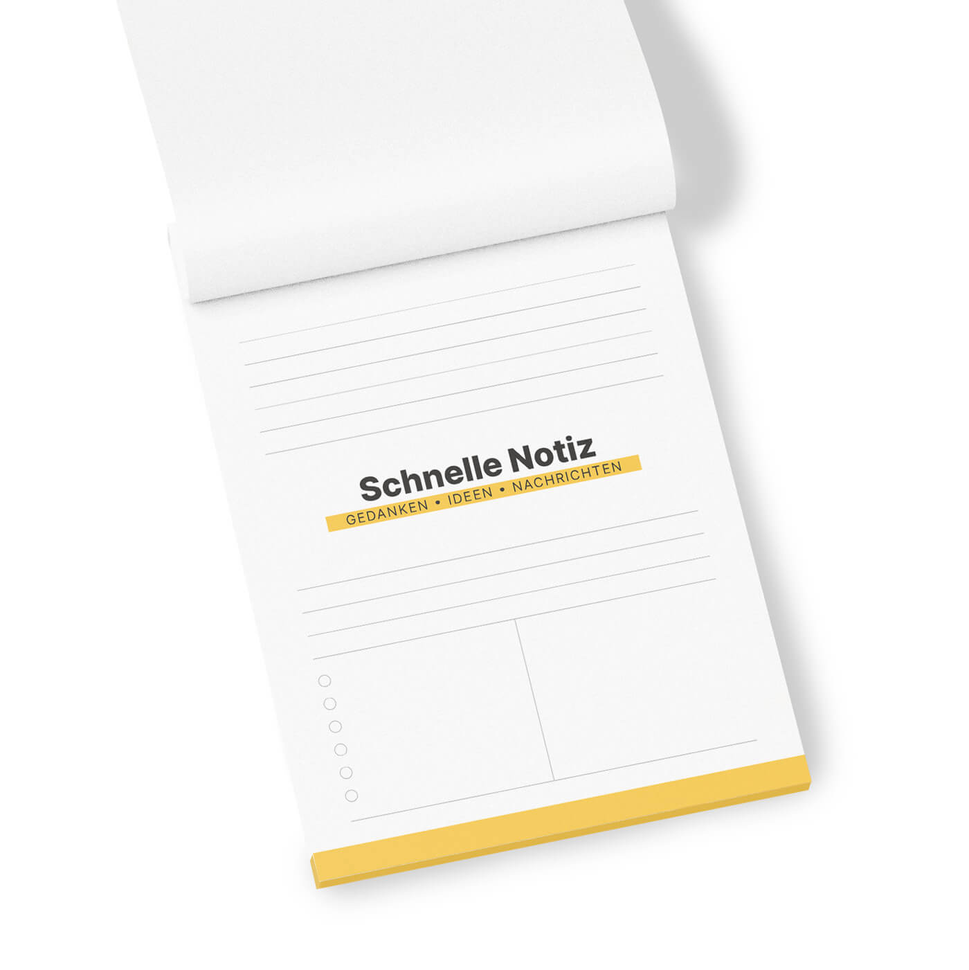 Notizbuch mit der Überschrift ‚Schnelle Notiz‘ und dem Untertitel ‚Gedanken • Ideen • Nachrichten‘ in schwarzer Schrift und Kurkuma-farbenem Hintergrund, mit vorgedruckten Linien, Kästchen und einer Kurkuma-farbenem Markierung am unteren Rand der Seite.